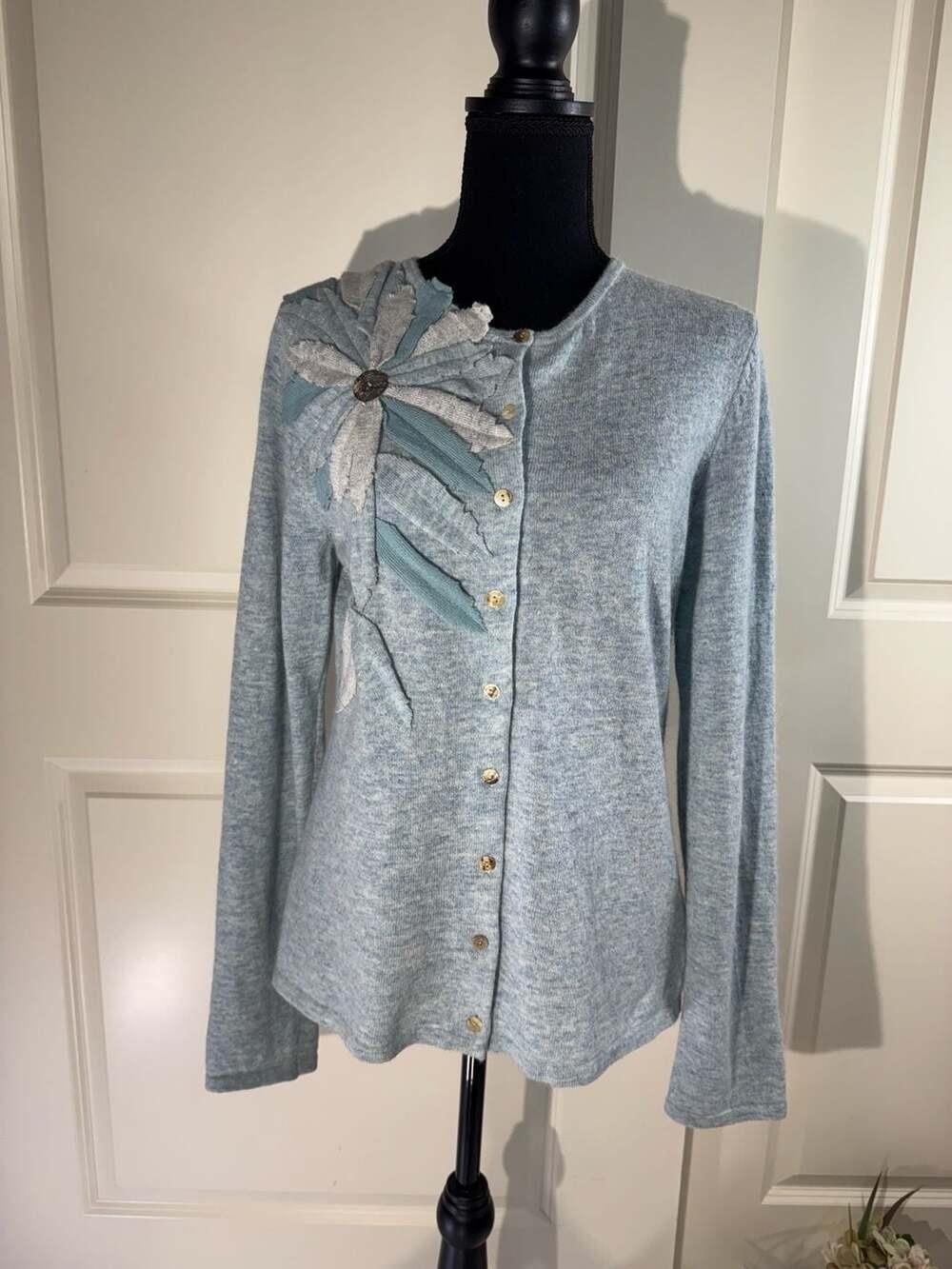 Coldwater Creek Blue Wool Blend Floral Applique Cardigan Size S (6-8)